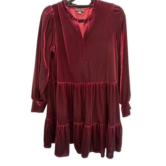 1.State Womens Tiered Peasant Dress Size Large Red Burgundy Velvet Whimsigoth - Picture 1 of 8